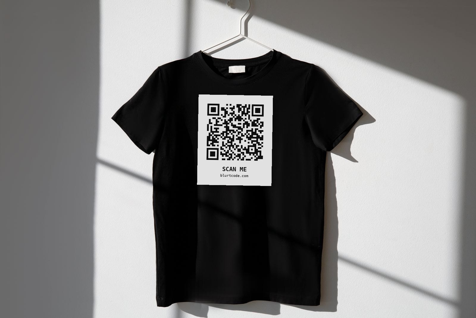 Black tee with printed QR code