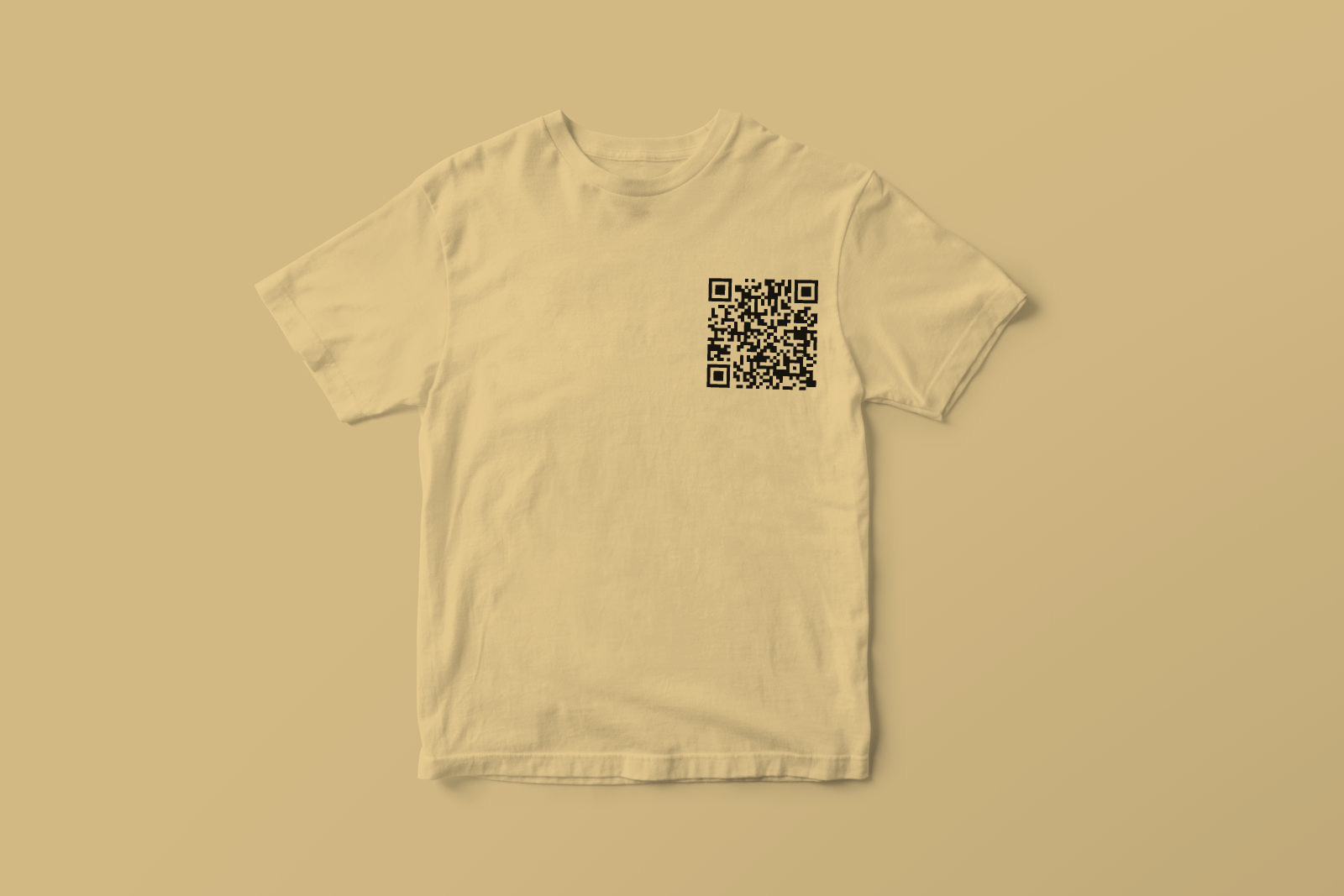 Butter yellow t-shirt with a small Blurtcode QR code on the chest