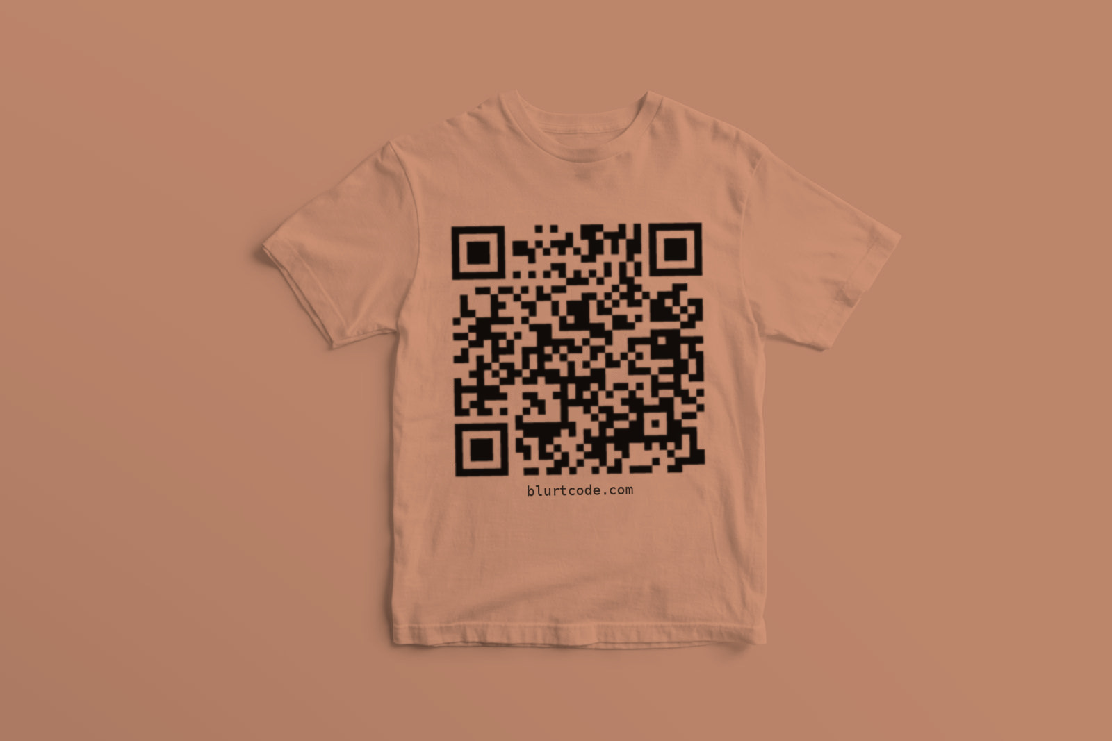 Terracotta t-shirt seen from the back with a large Blurtcode QR code