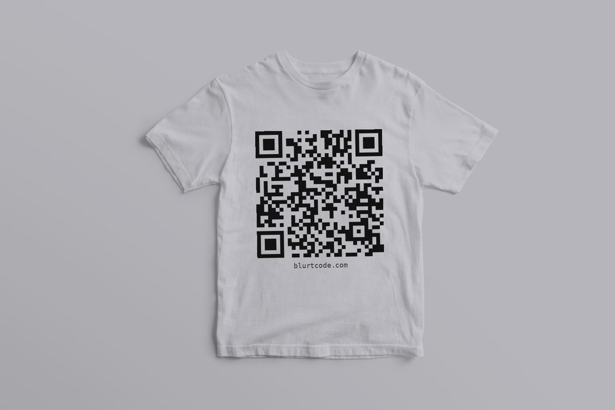 Heather gray tee, back view, with a large QR code