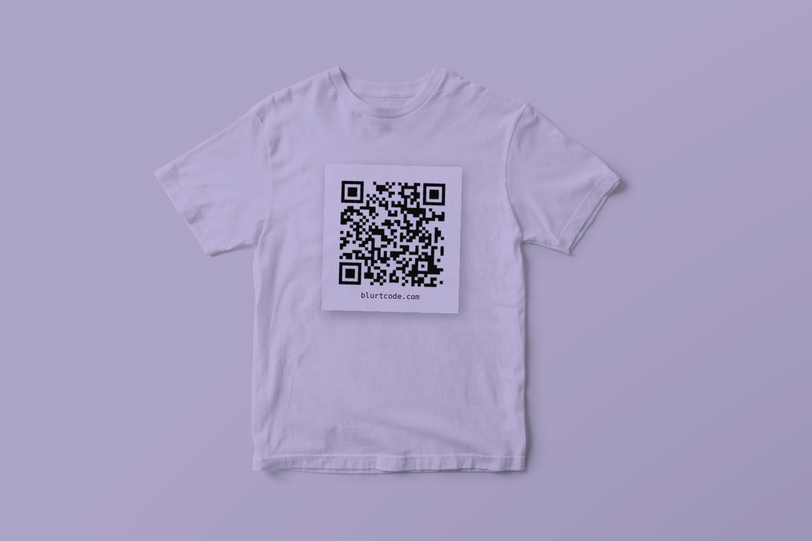 Lilac t-shirt with a Blurtcode QR code printed on a pale square patch