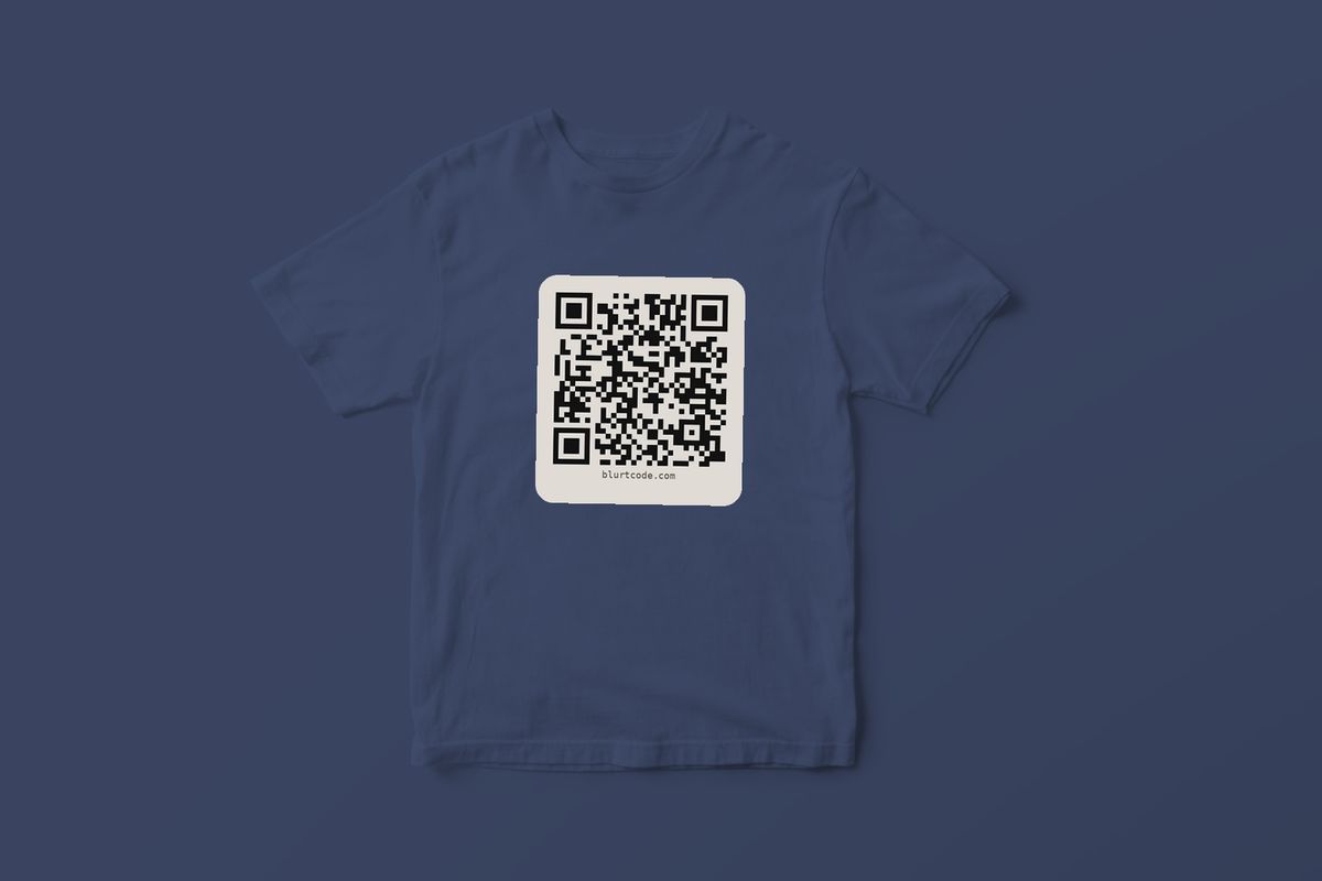 Navy tee with a cream QR badge