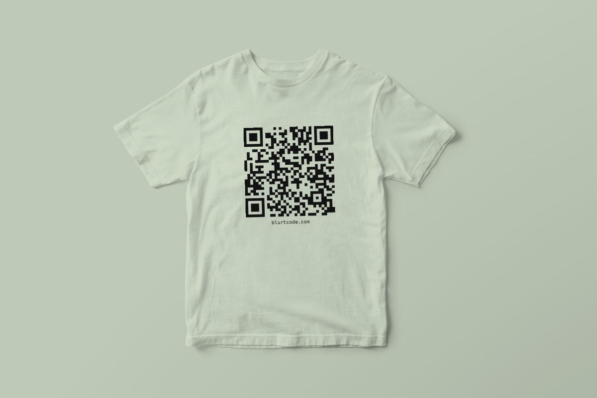 Sage green tee with a printed QR code