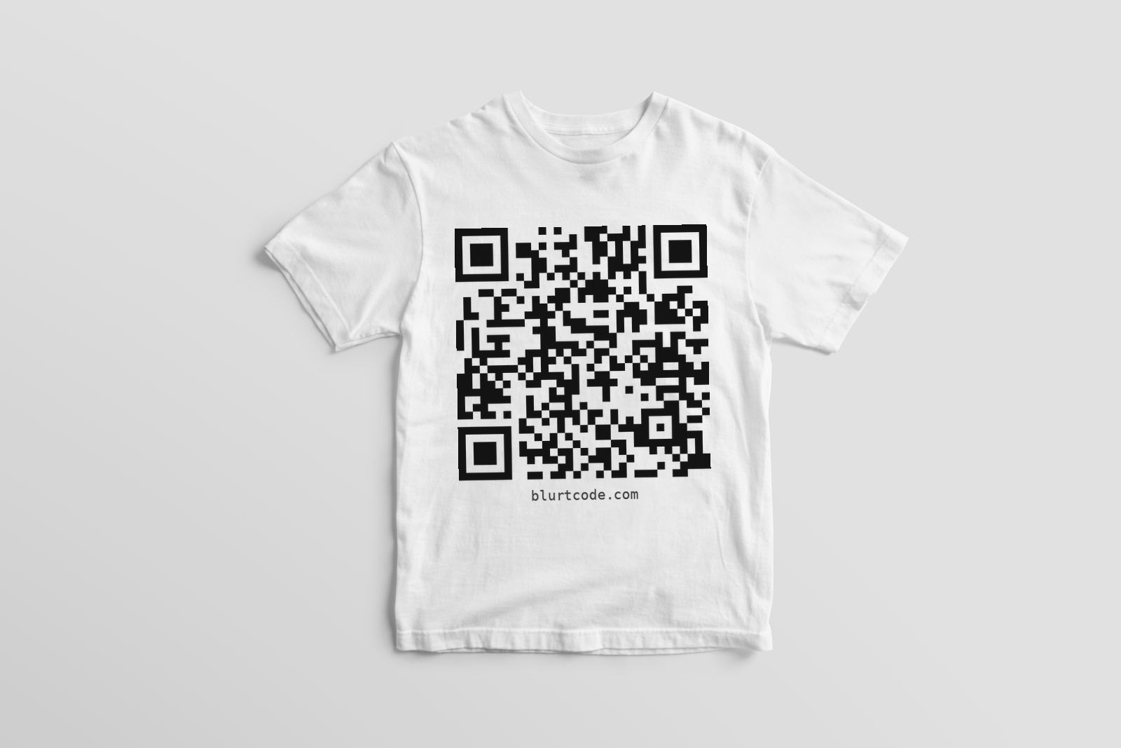 Back of a white t-shirt with a large printed Blurtcode QR code